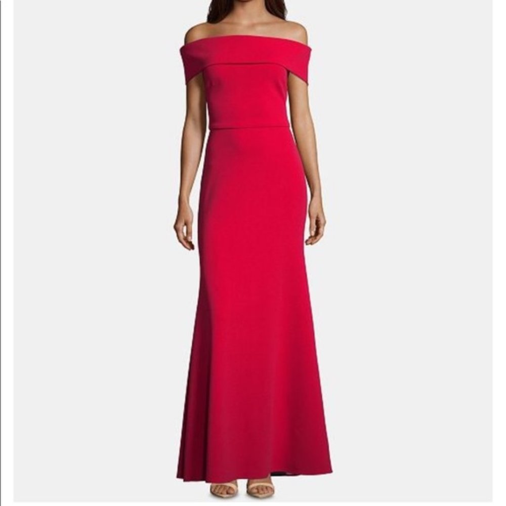 Betsy & Adam, Off Shoulder Ruffle Back Gown, Red